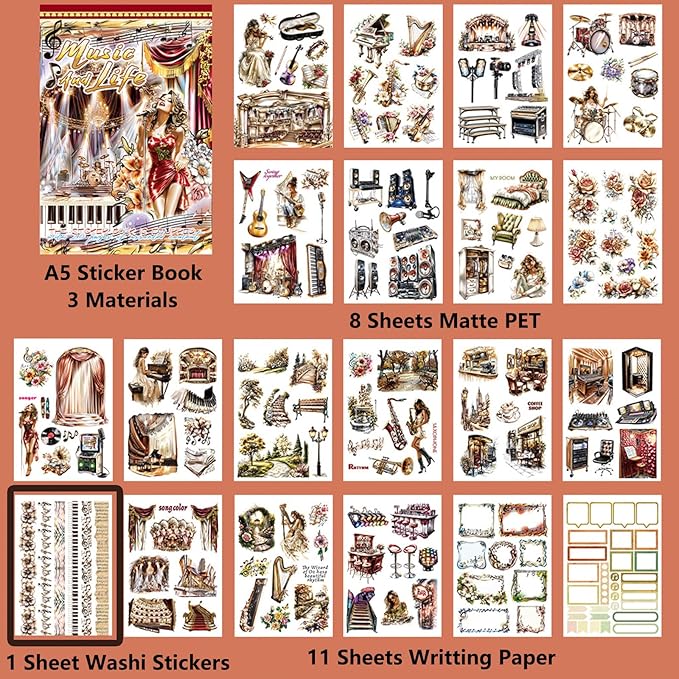 YagCu Journal Sticker Book, Music Life Scrapbook Stickers, Junk Journal Supplies, Pre-Cut Aesthetic Scrapbooking and Journaling for Women, Decorative Ephemera Bullet Planner DIY Arts