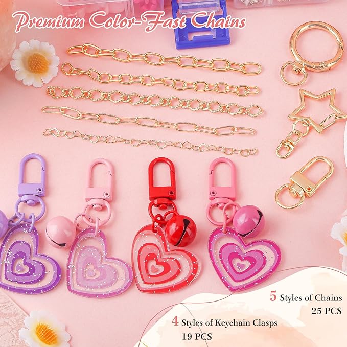 Ecoofor 458 Pcs Keychain Making Kit for Kids & Adults – Includes 19 Keychain Clips, 25 Extender Chains, 80 Charms, Beading Accessories, Jewelry Pliers – DIY Bag Charms & Jewelry Craft Kit Supplies