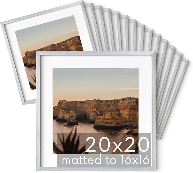 HAUS AND HUES 20x20 Silver Metal Picture Frames Matted to 16x16 - Features Premium Aluminum & Hanging Hardware, Shatterproof Plexiglass - Ideal for Home, Room, Office (20x20 in, Silver, Set of 15)
