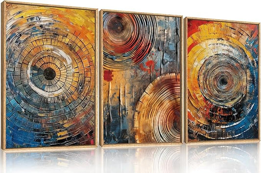Large Colorful Tree Ring Framed Canvas Wall Art,Modern Tree Stump Wall Decor,Abstract Wood Grain Artwork,Neutral Botanical Annual Ring Art Print for Living Room,Bedroom,Office- 24"x36"x3