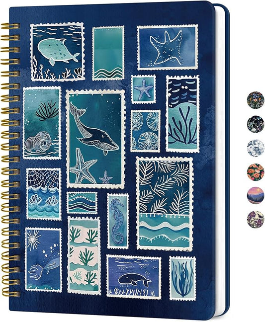 Lined Spiral Journal for Women, A5 Hardcover Cute Notebook for Work & Note Taking, Aesthetic Pretty Journal for Writing, 140 Pages, 6"x8", Ocean Postmarks