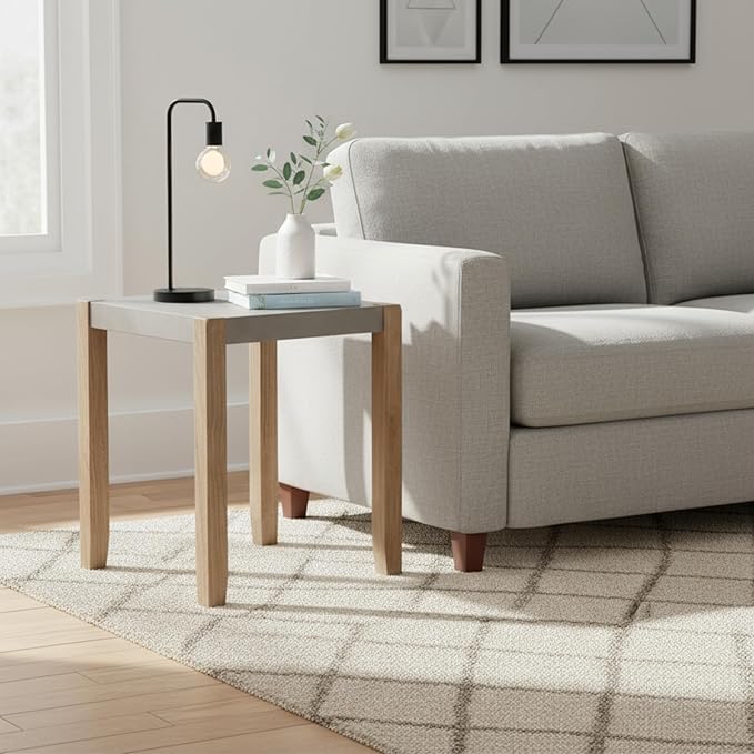 Newport End Table - 21 in. Square Faux Concrete Top with Light Amber Wood Frame, Modern Rustic Industrial Style, Sturdy Design for Living Room, Bedroom, Lounge, 20.5 in. W x 24 in. H, Easy Assembly