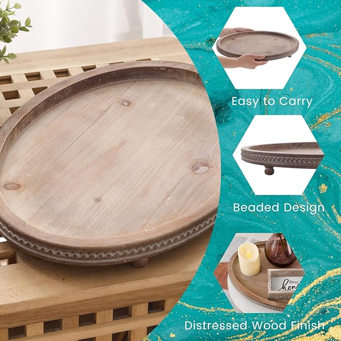 Decorative Tray, Oval Wooden Tray for Coffee Table Decor Kitchen Dinning Table Entryway, Small Beaded Tray for Holidays, Distressed Brown