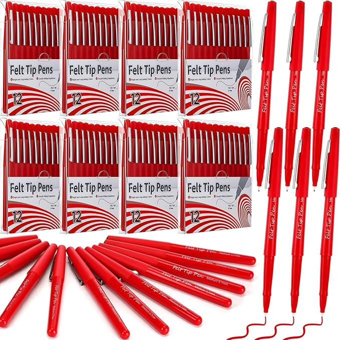 96 Pcs Red Felt Tip Pens 0.7mm Medium Point Pens Bulk, Felt Tip Markers for Journaling, Writing, Note Taking, Planner, Ideal for Office School Art Supplies Gift