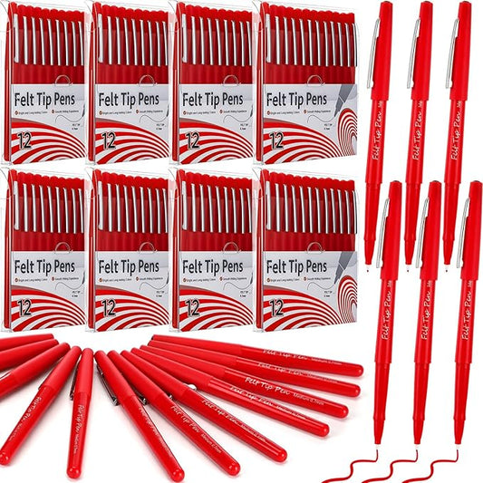 96 Pcs Red Felt Tip Pens 0.7mm Medium Point Pens Bulk, Felt Tip Markers for Journaling, Writing, Note Taking, Planner, Ideal for Office School Art Supplies Gift