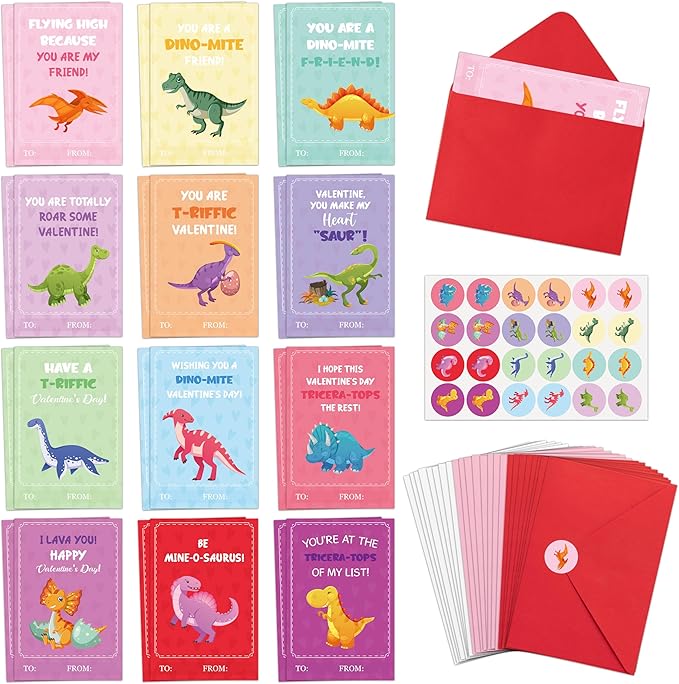TICIAGA 24 Set Valentine's Day Dinosaurs Greeting Cards with Envelop Cartoon Dino Fill in Blank Sticker for Kids T-Riffic Notecard Exchange Gifts for Boys and Girls School Classroom Party Favors