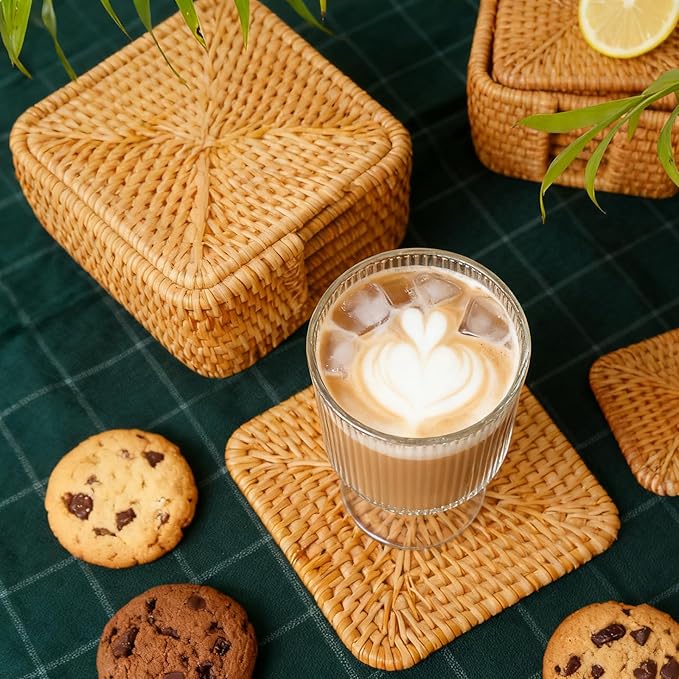 Handmade Rattan Coasters Set of 6 with Holder - Woven Aesthetic Drink Coasters for Table & Desk, Natural Boho Farmhouse Rustic Coffee Cup Pads, Home Bar Patio Table Outdoor Decor (Square)