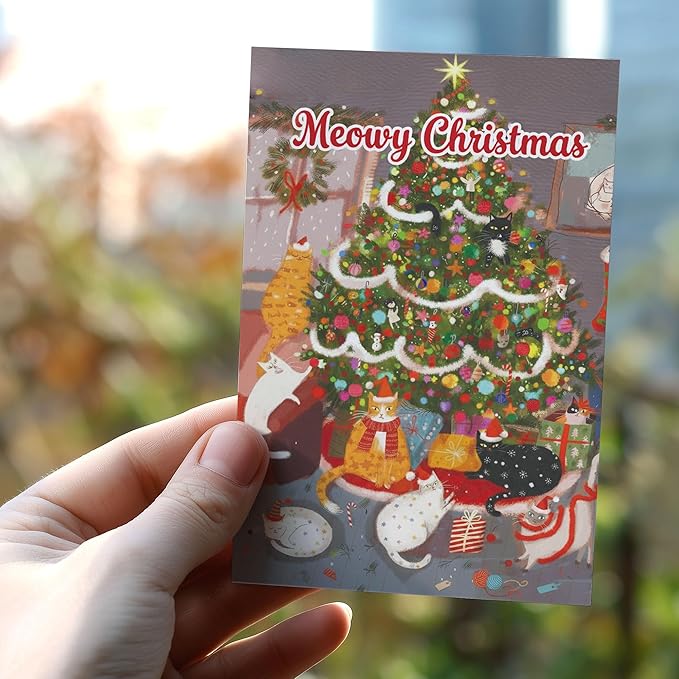 (5.3x8in) Meowy Christmas Card with Envelope, Cute Funny Cat Holiday Greeting with Festive Tree and Kittens, Adorable Christmas Card for Cat Lovers, Friends, Family, and Pet Owners (Xmas 27)