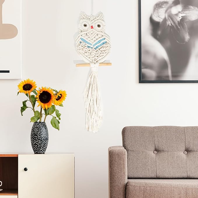 Owl Macrame Wall Hanging Boho Hand Woven Tapestry Decor Animal Owl Macrame Wall Art Home Decor for Living Room Bedroom Office Nursery Apartment