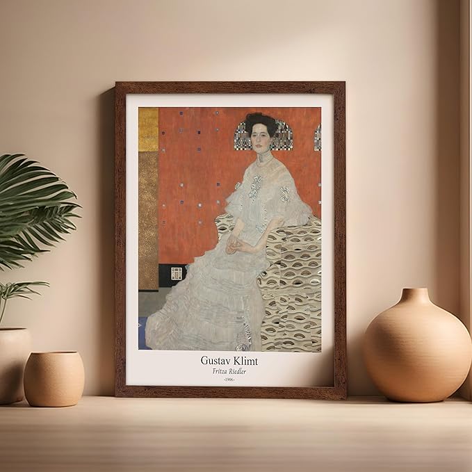 Poster Master Vintage Gustav Klimt Poster - Retro Fritza Riedler Print - Art Nouveau - Portrait Art - Symbolism Art - Aesthetic Art - Classic Painting - Living Room Decor - 16x20 Brown Framed