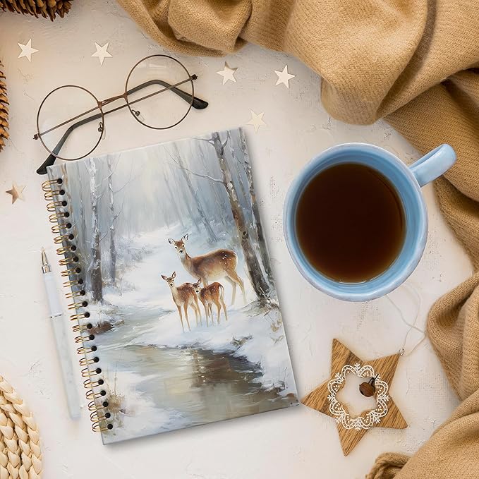XNXLDYLH Vintage Winter Christmas Scene Deer Notebook Journal, Rustic Farmhouse Spiral Notebook, Nature Journals Notebooks, Christmas Winter Deer Office School Supplies Gifts for Women Men,5.5x8.3Inch