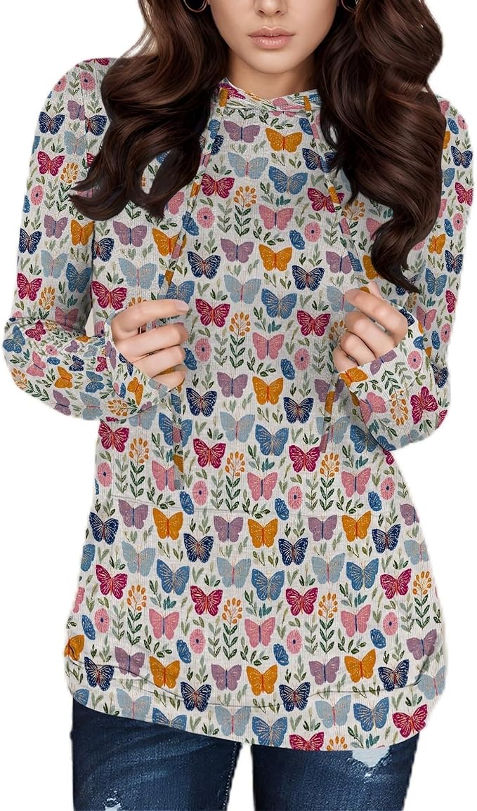 Hooded Sweatshirt Women Fall Butterfly Sweatshirts Lightweight Long Sleeve Pullover Tops Trendy Outfits Plus Size