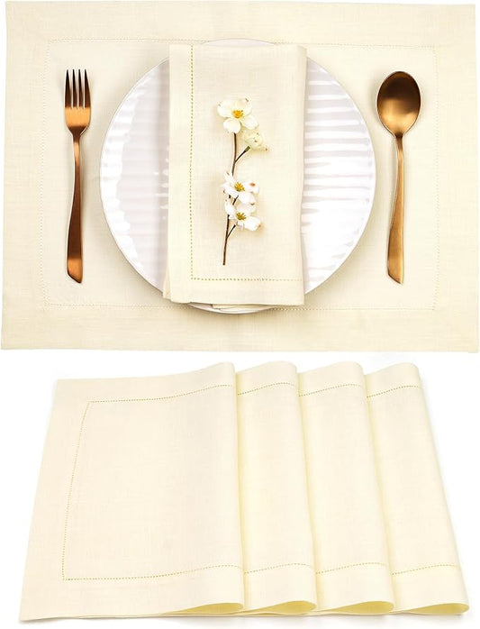 D'Moksha Homes Cream Linen Cloth Placemats Set of 4-100% Pure Linen Hemstitch Placemats 14 x 19 Inch - Classic Hemstitch Table Place Mats for Spring, Easter - Handcrafted and Machine Washable