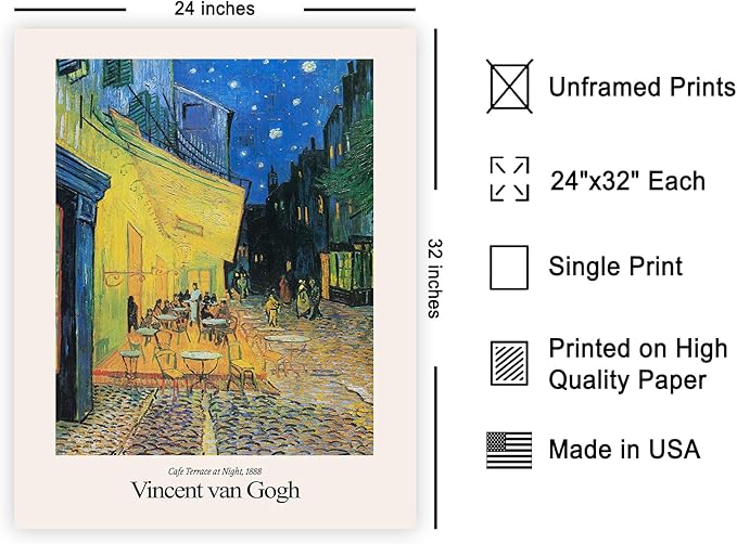 Monem Art Vintage Van Gogh Poster - Retro Impressionist Print - Cafe Terrace at Night, Arles, Stars, Aesthetic - Gift for Artist, Friend - Wall Decor for Home, Office, 24x32 Unframed Wall Art