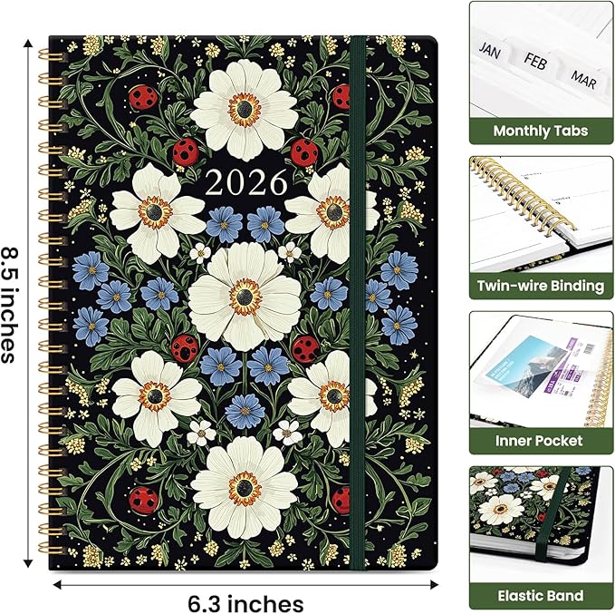 2026 Planner, Weekly and Monthly Calendar Planner for Women, Jan 2026 - Dec 2026, Hardcover Planning Agenda book with Tabs, Spiral Bound, Inner Pocket, Perfect for School Office Supplies, 6.3" x 8.5" - Ladybug Garden