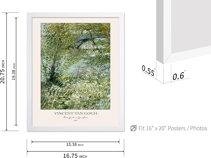 Monem Art Vintage Van Gogh Poster - Retro Impressionist Print - River Bank in Springtime, Flowers, Landscape - Gift for Artist, Friend - Wall Decor for Home, Office, 16x20 White Framed
