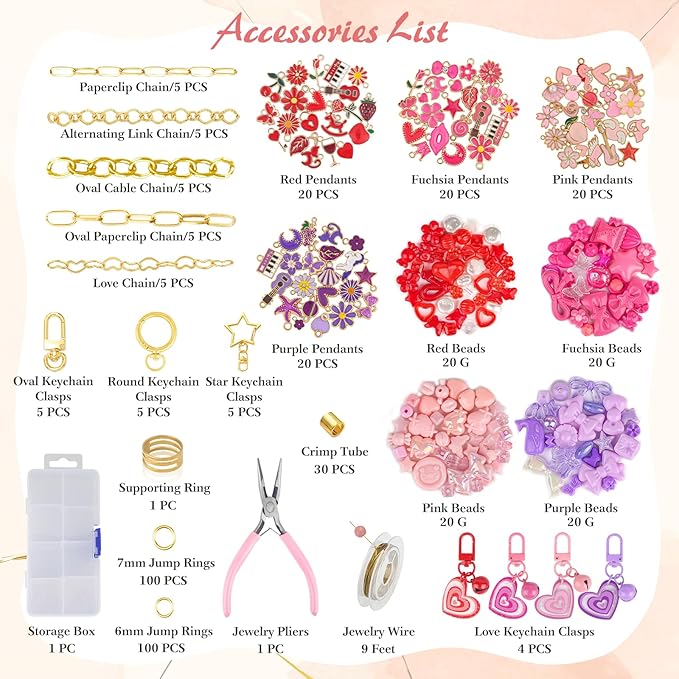 Ecoofor 458 Pcs Keychain Making Kit for Kids & Adults – Includes 19 Keychain Clips, 25 Extender Chains, 80 Charms, Beading Accessories, Jewelry Pliers – DIY Bag Charms & Jewelry Craft Kit Supplies