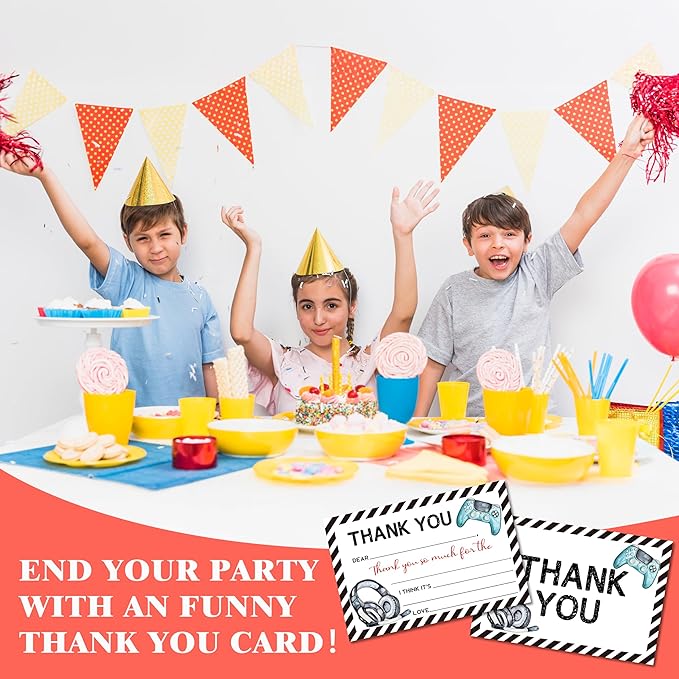 Video Games Kids Thank You Cards, Gamer Thank You Card For Birthday Party, Kids Birthday Cards Fill In The Blank, 20 Pack Greeting Cards With Envelopes For Boys And Girls, 005