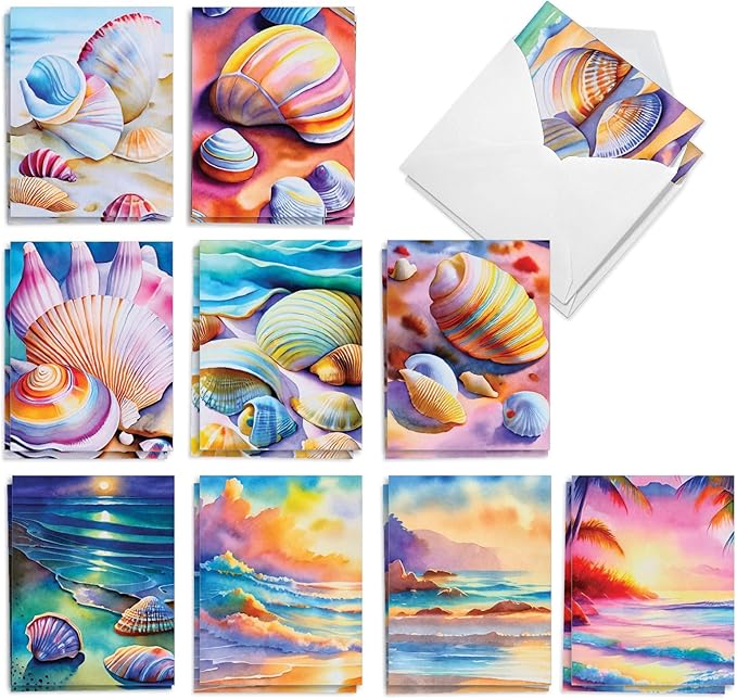 The Best Card Company 20 Assorted Blank Notecards Box Set 4 x 5.12 Inch with Envelopes (10 Designs, 2 Each) Rainbow Seashells AM10040OCB-B2x10