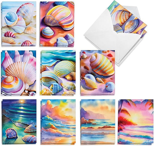 The Best Card Company 20 Assorted Blank Notecards Box Set 4 x 5.12 Inch with Envelopes (10 Designs, 2 Each) Rainbow Seashells AM10040OCB-B2x10