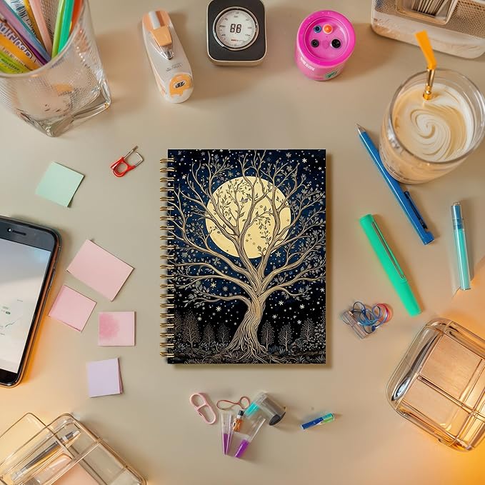 Witchy Moon Trees Notebook, Mystical Celestial Starry Night Botanical Journal, Witchy Gifts for Women, Witch Celestial Aesthetic Spiral Journal Notebook, 5.5x8.3 Inch