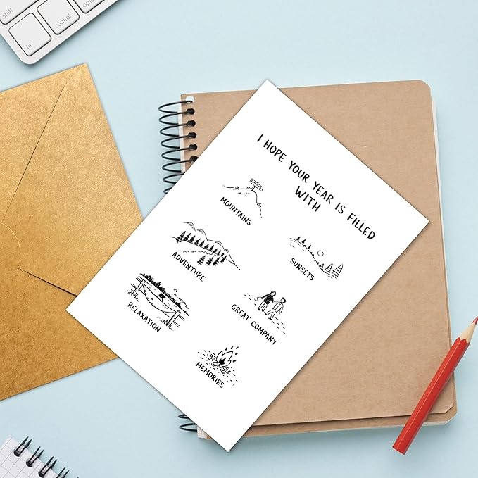 (5.3x8in) Hope Your Year Is Filled With Adventure New Year Card with Envelope, Minimalist Black and White Line Art Greeting, Inspirational Holiday Card for Friends, Family, Coworkers (Xmas 39)