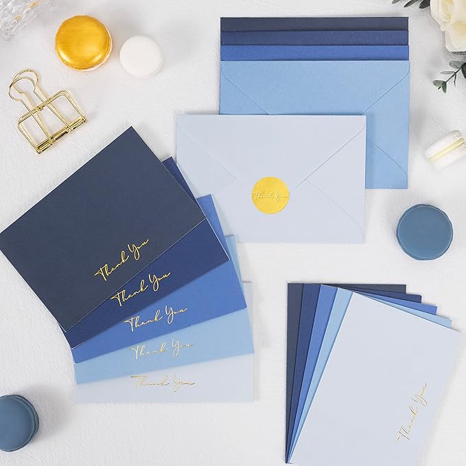 Crisky Blue Thank You Cards with Envelopes & Stickers， 50 Pack Navy Blue Bridal Shower Graduation Thank You Cards Small Business, Wedding Baby Shower Birthday Funeral Notes Bulk