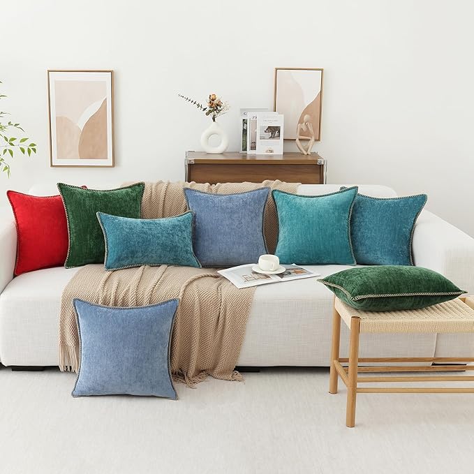 decorUhome Spring Chenille Soft Throw Pillow Covers 22x22 Set of 2, Farmhouse Velvet Neutral Decorative Euro Sham Pillow Covers with Stitched Edge for Couch Sofa Bed Home Decor, Teal