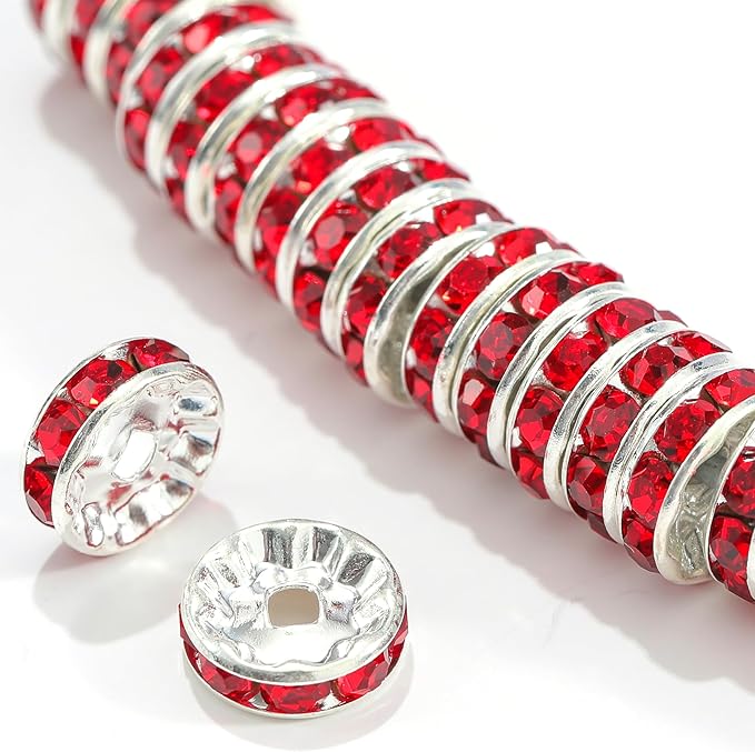 100Pcs Rondelle Spacer Beads Round Crystal Charms Czech Rhinestone Silver Plated Spacer Loose Beads for DIY Bracelet Necklace Jewelry Making Supplies (6MM, Red)
