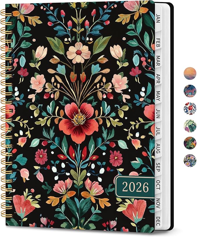 2026 Planner, Weekly and Monthly Calendar Planner for Women, Jan 2026 - Dec 2026, Hardcover Planning Agenda book with Tabs, Spiral Bound, Inner Pocket, Perfect for School Office Supplies, 6.3" x 8.5" - Radiant Petals