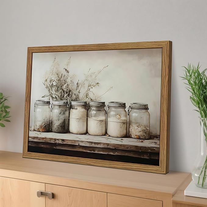 Framed Vintage Kitchen Canvas Wall Art, Rustic Farmhouse Mason Jar Pictures Wall Decor, Country Spice Still Life Paintings Prints Home Decor Artwork for Dining Room 12x16 inch