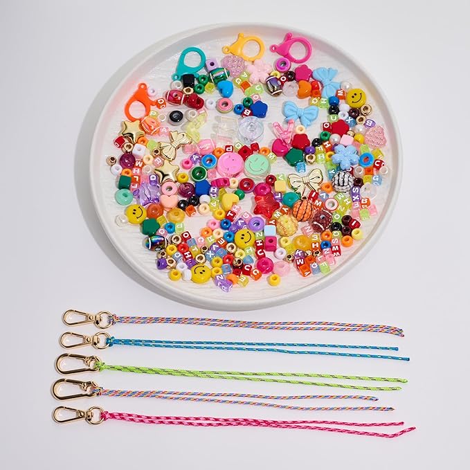 MYCUTEY DIY Keychain Making Kit-Beaded Keychain＆Bag Charm Craft Supplies with Keyrings,Cords and Colorful Football,Letter,Star,Heart,Pony Beads for Kids,Personalized Name A-Z Jewelry Making Kit Gifts