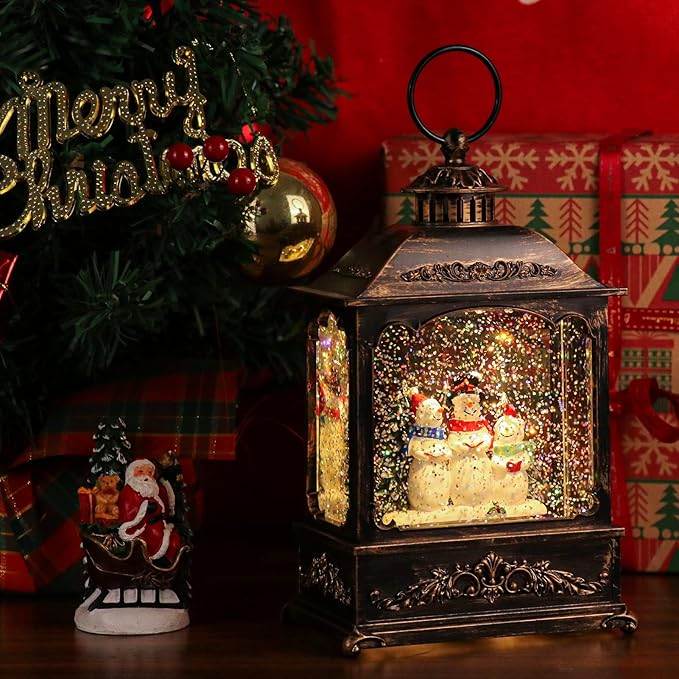 GenSwin Musical Snowman Snow Globe Lantern with 6 Hour Timer, Battery Operated & USB Powered Singing Spinning Water Glittering Snow Globe Lantern Christmas Home Decoration Gift(9.6”,3 AA)