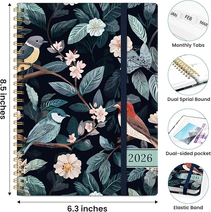 2026 Planner, Weekly and Monthly Planner for Women, January 2026 to December 2026, Pretty Hardcover 2026 Calendar Planner Book with Tabs, Inner Pocket, Spiral Bound, Perfect Office Home School Supplies - 6.3" x 8.5", Twilight Serenade