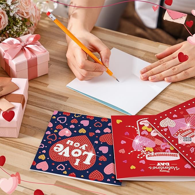 Saillong 12 Pack Valentine's Day Diamond Painting Greeting Card Kit Valentine Diamond Art Cards with Envelopes 5D Rhinestones Painting Making Kits for Adult DIY Craft Family Friend Holiday Gifts