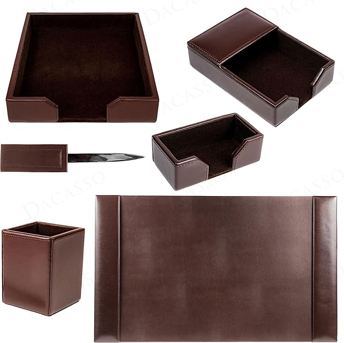 Dacasso Dark Brown Bonded Leather Luxury 6 Piece Desk Set - Blotter Pad & Desk Organization Essentials - Executive Decor and Surface Protector