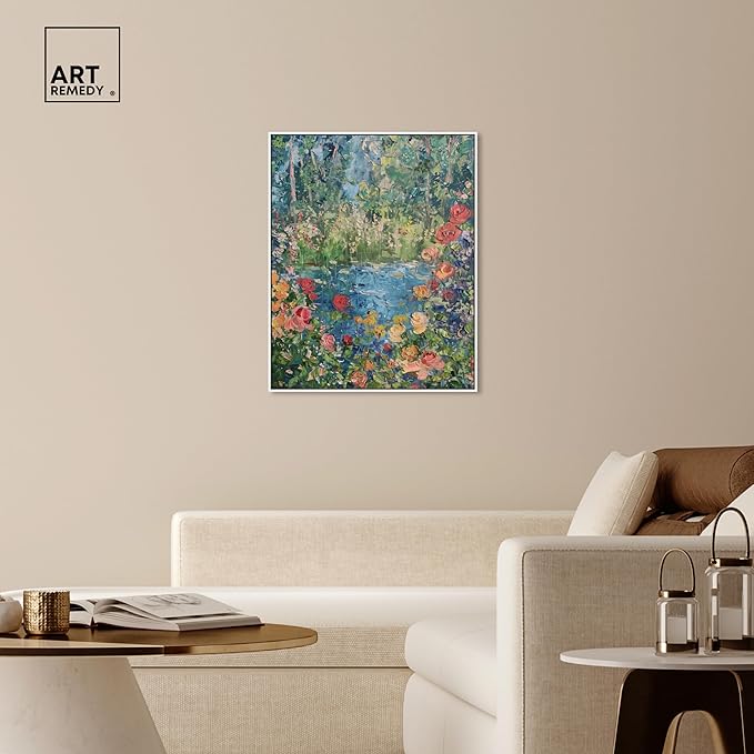 Art Remedy Serene Escape Framed Impressionism 1 Piece Canvas Wall Art/Monet And Van Gogh Inspired Art, 31" x 37", White Frame