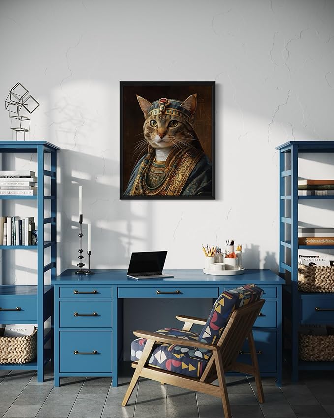 Pharoah Cat Art Poster Print, Cat Kitten Painting Humor Portrait Pet Artwork Decor Gallery A8 (Pharoah Cat, 8 x 10 inches, Black Frame)