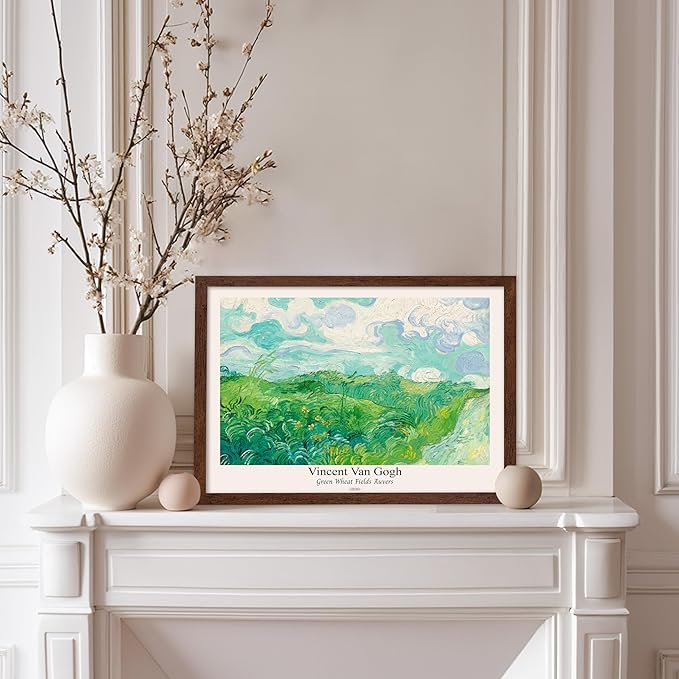 Monem Art Vintage Van Gogh Poster - Retro Green Wheat Fields Auvers Print - Impressionism Art - Fine Art - Landscape Art - Classic Painting Art - Great Living Room Decor - 8x10 Brown Framed