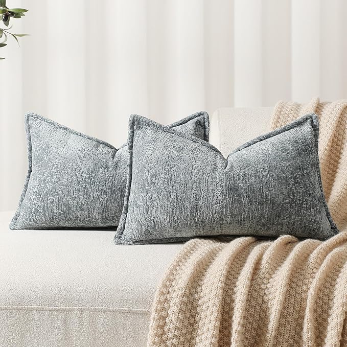 Pack of 2 Dusty Blue Decorative Throw Pillow Covers 12x20 Cozy Soft Chenille Boho Accent Vintage Farmhouse Rectangular Lumbar Couch Pillow Covers for Home Decor Bed Sofa Living Room