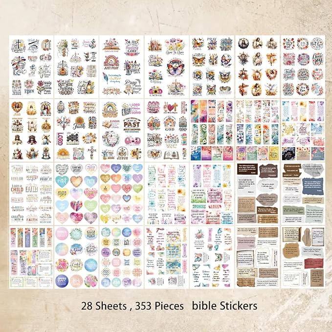 Christian Sticker Book, 28 Sheets 353 Pcs Inspirational Bible Stickers for Water Bottle Journaling Scrapbook Laptop, Christian Gifts