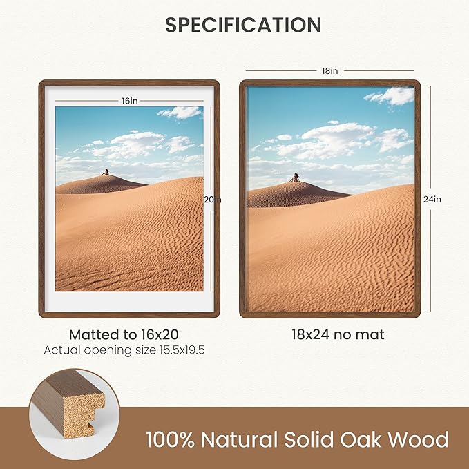 18x24 Picture Frame, Natural Oak Wood Poster Frame with Mat for 16x20, Round Corner 18 x 24 Matted Picture Frames with Resistant Plexiglass for Wall Mounting or Tabletop, Walnut Color, Set of 1