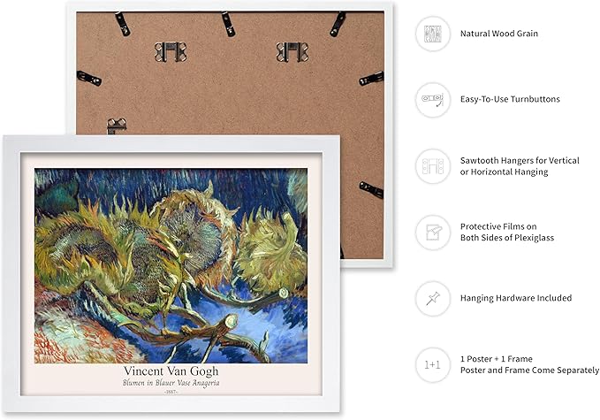 Monem Art Vintage Van Gogh Poster - Retro Blumen in Blauer Vase Anagoria Print - Sunflower Art - Impressionism Art - Fine Art - Classic Painting Art - Bedroom Wall Decor - 16x20 White Framed