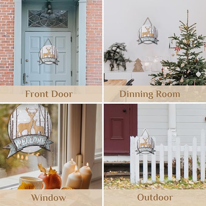 Christmas Deer Winter Door Sign Decor - Walasis 3D Reindeer Hanging Decoration for Wall Rustic Welcome Signs for Front Door Wood Xmas Wreath Sign for Indoor Outdoor