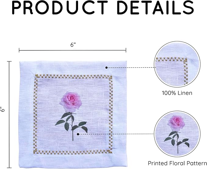 Cocktail Napkins Set of 6, 6x6 inch, 100% Linen, Printed Floral Design, Reusable & Washable Napkin Coasters for Beverages, Parties, Weddings & Everyday Use (Rose)
