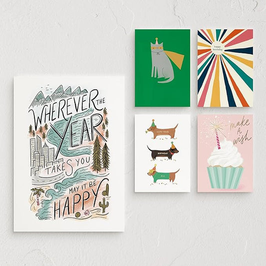 Minted Birthday Greeting Cards Pack, Set of 5, Birthday Cards Variety Pack, Stylish & Curated Folded Happy Birthday Cards with Envelopes, Blank & Messages Inside, Designed by Independent Artists