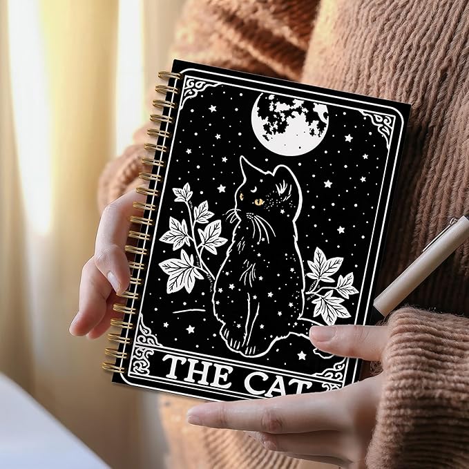 Witchy Black Cat Tarot Notebook, Cats Lover Mom Lady Gifts Journal, Cats Office Supplies, Mystical Celestial Witchy the Cat Tarot Card Spiral Journal Notebook, 5.5x8.3 Inch