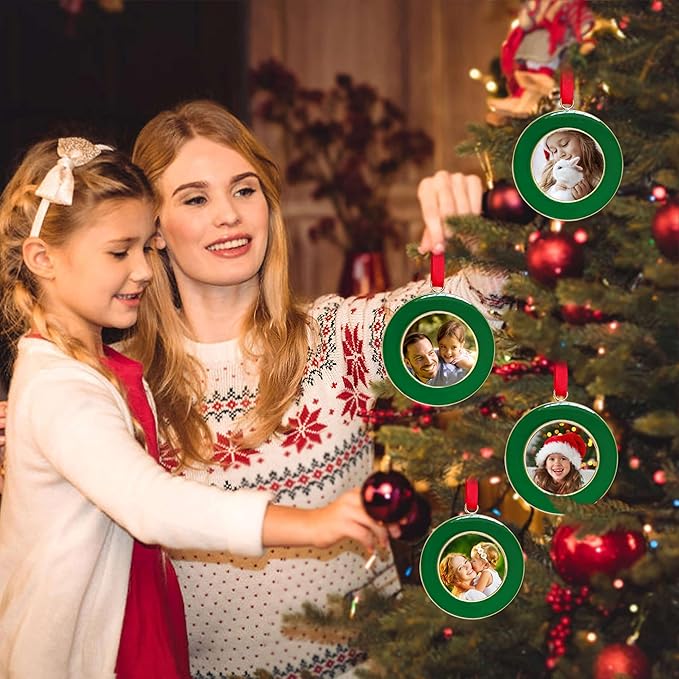 Christmas Picture Frame Ornaments - Set of 4 Green 2.5x2.5 Inch Mini Frames with Red Ribbon, Metal Photo Frames for Christmas Tree Decorations, Holiday Gift for Family & Friends