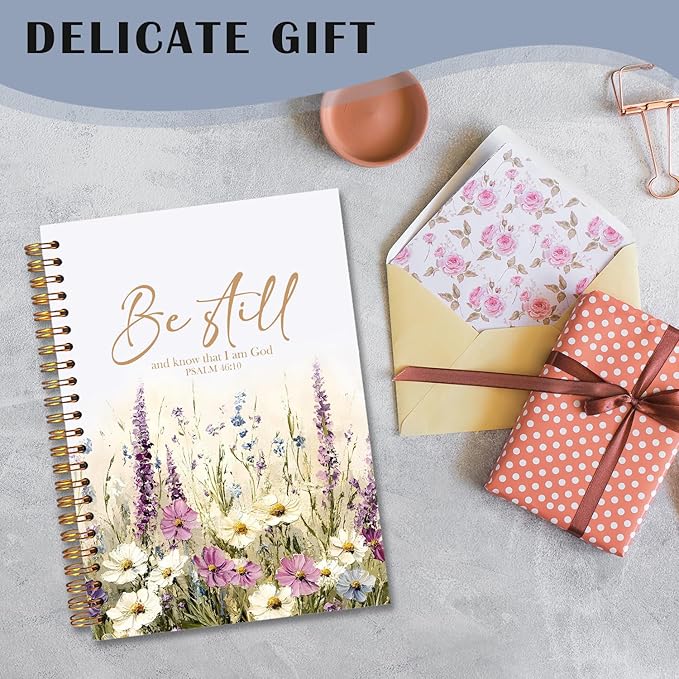 Wildflower Christian Spiral Notebooks, Be Still and Know That I Am God Bible Journal, Psalm 46:10 Scripture Journals for Writing, Religious Notebook for Note Taking, 5.5x8.3 Inch