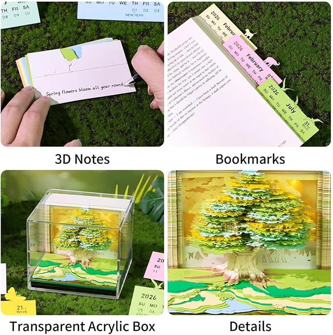 Time Piece Calendar 2026,3D Tree Tear-Away Memo Pad Creative Desk Calendars,3D Notepad Paper Carving Art Sticky Notes,3D Calendar 2026 Suitable for Room and Office Desktop Decoration